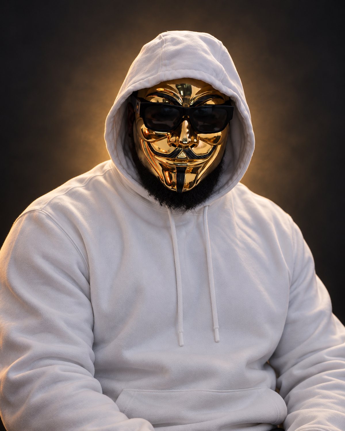 GoldieLoxx in his gold mask and white hood