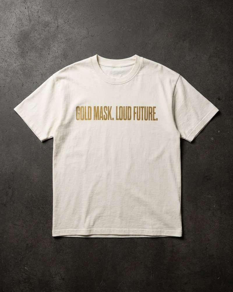 Concept mockup: bone-white tee printed Gold Mask. Loud Future.
